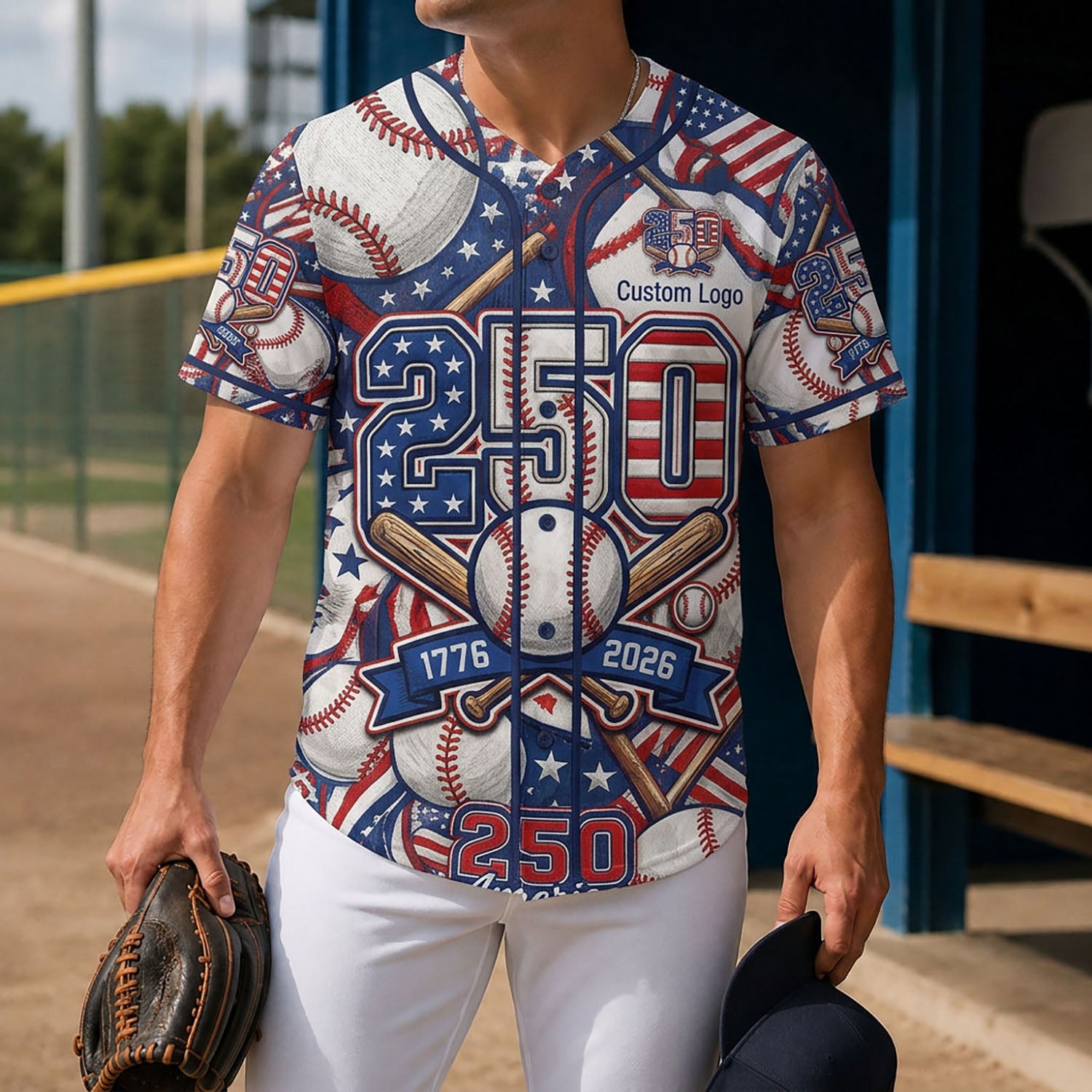 A man wearing a commemorative 250th anniversary baseball jersey on a sports field, highlighting the custom design