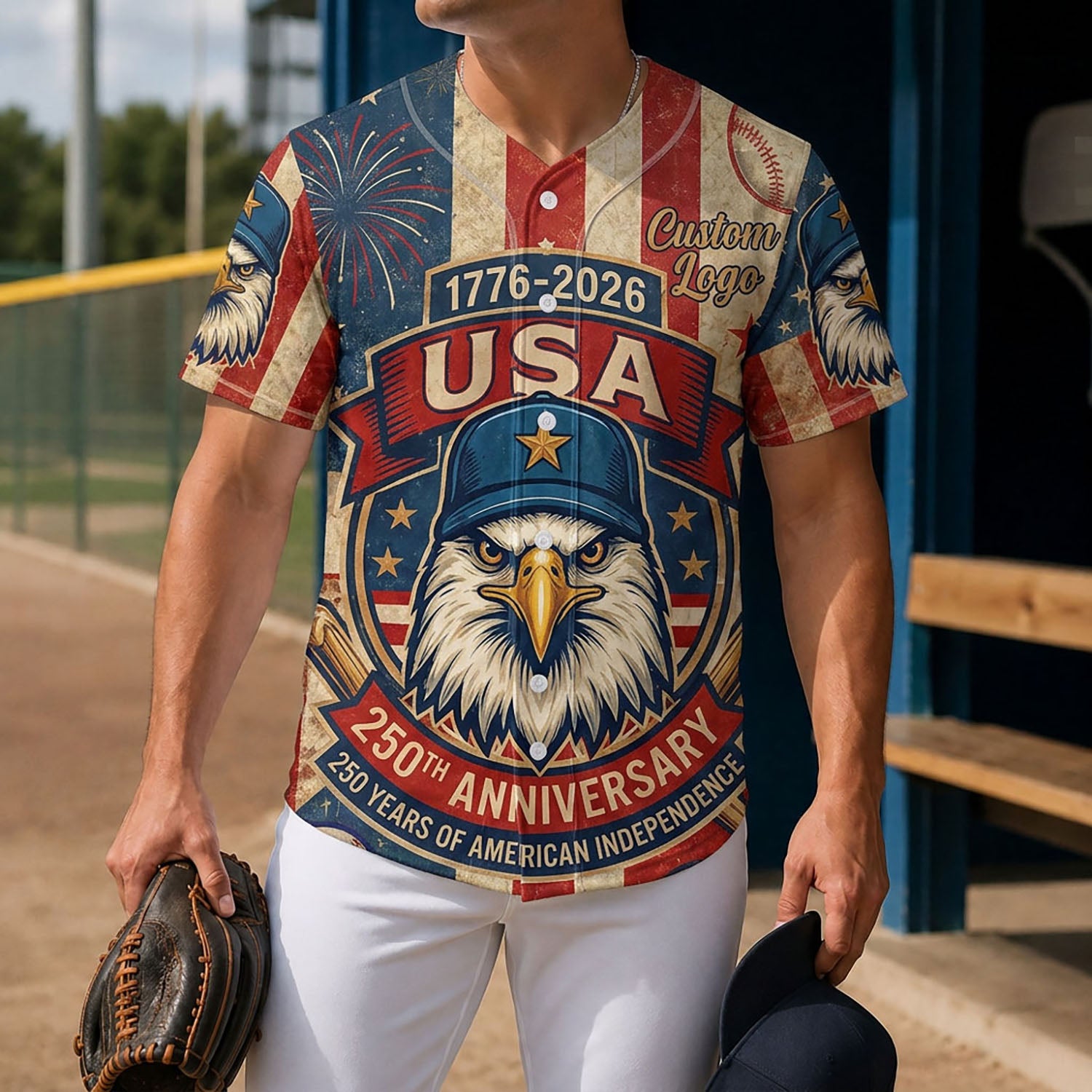 A man wearing a commemorative eagle baseball jersey on a sports field, highlighting the custom logo placement