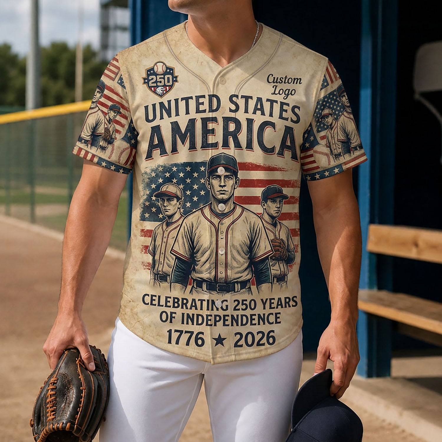 A man wearing a commemorative independence baseball jersey on a sports field, showcasing the vintage player design