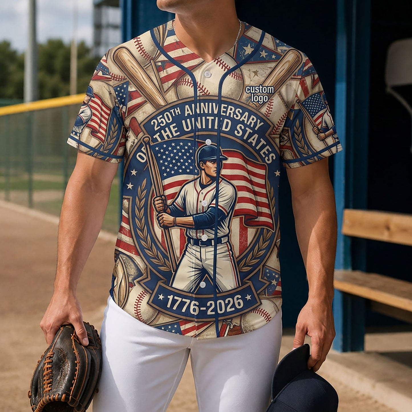 A man wearing a commemorative baseball legend jersey on a sports field, highlighting the custom design