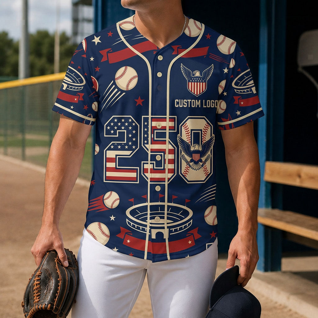 A man wearing a commemorative stadium baseball jersey on a sports field, highlighting the custom design
