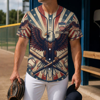 A man wearing a custom patriotic eagle baseball jersey on a sports field