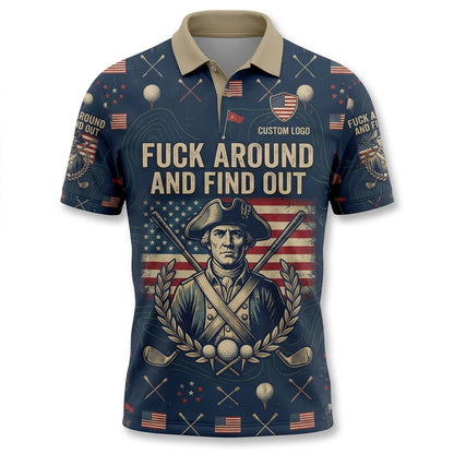 Flatlay design of navy blue patriotic military themed golf polo