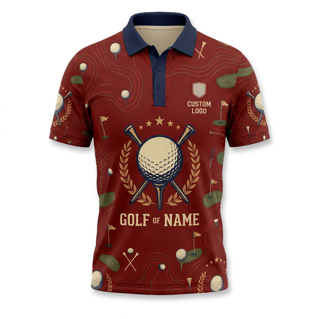 Flatlay view of personalized golf polo shirt in red color