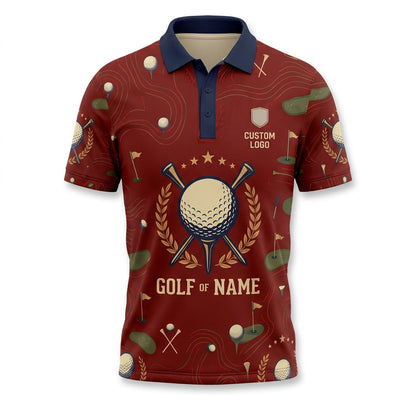Flatlay view of personalized golf polo shirt in red color