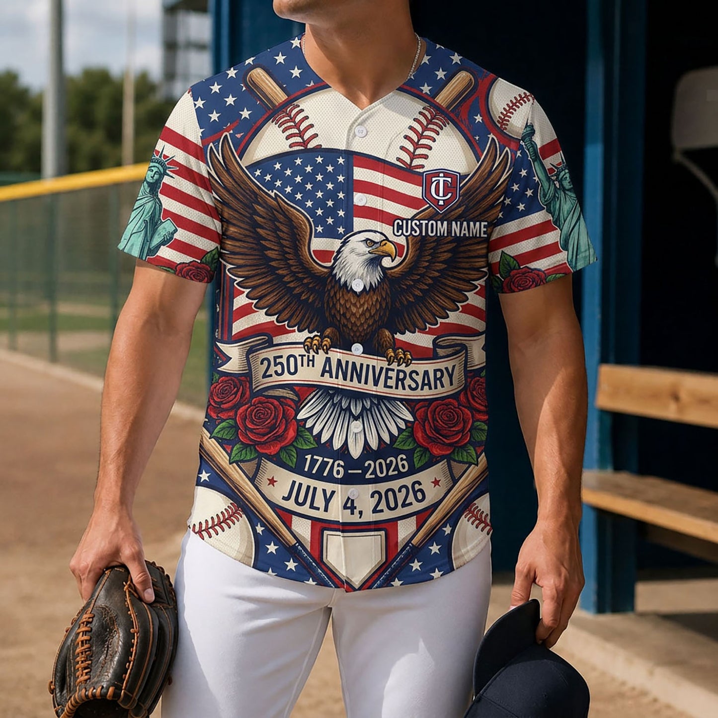 Lifestyle shot of a man wearing a USA 250th anniversary heritage jersey holding a baseball glove on a diamond field