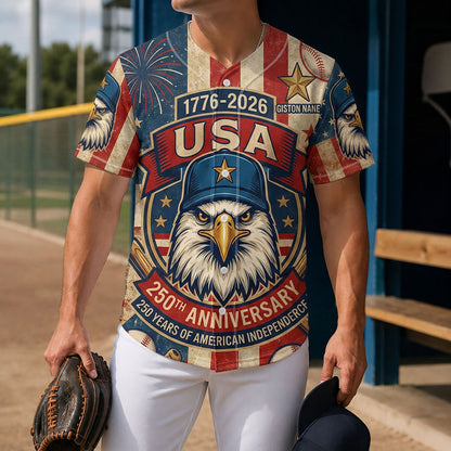Lifestyle Shot Of A Man Wearing A 250th Anniversary Eagle Baseball Cap Jersey Holding A Glove On A Baseball Diamond