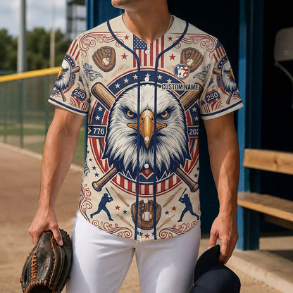 Lifestyle Shot Of A Man Wearing A 250th Anniversary Eagle And Glove Baseball Jersey Holding A Glove On A Baseball Diamond