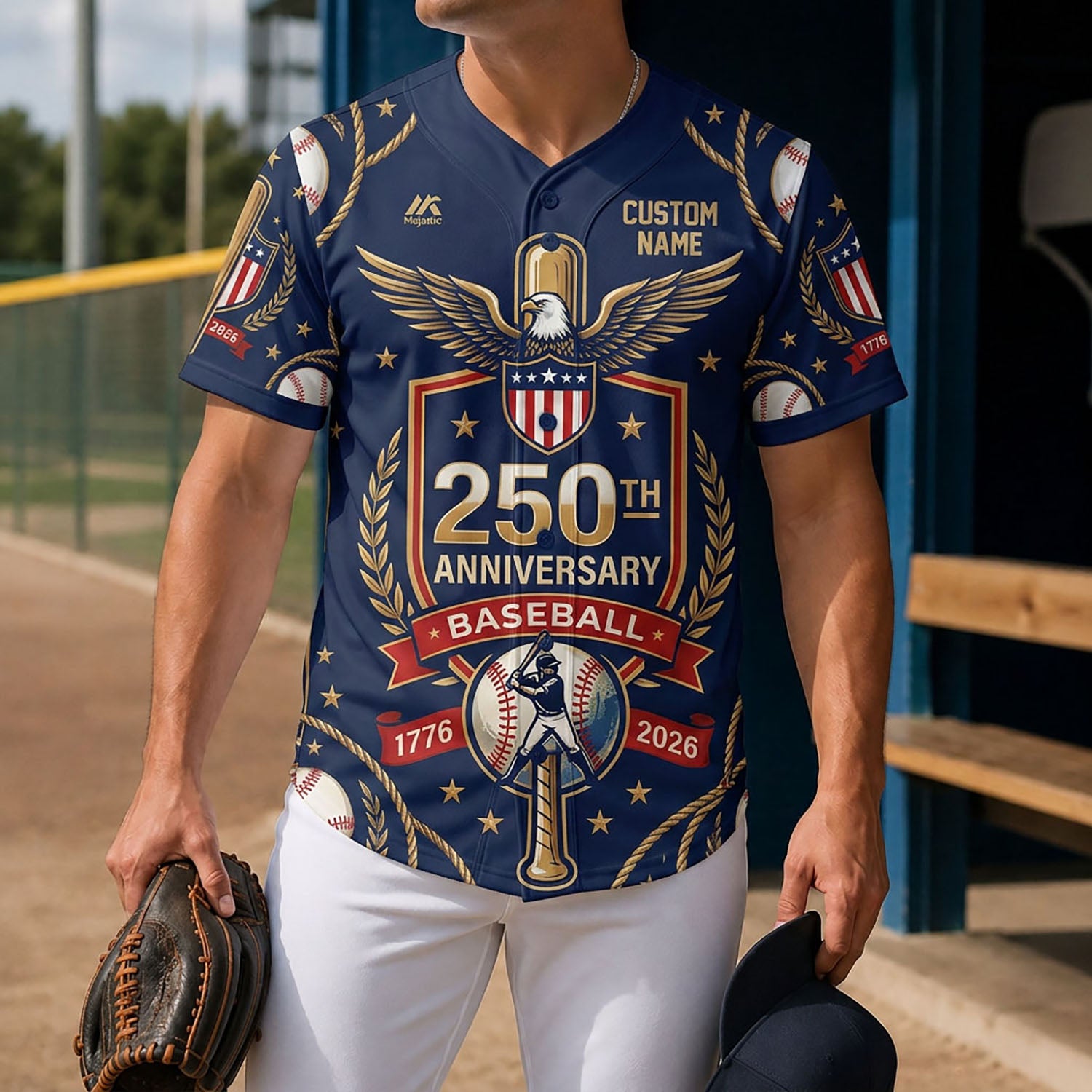 Lifestyle Shot Of A Man Wearing A 250th Anniversary Baseball Shield Jersey Holding A Glove On A Baseball Diamond
