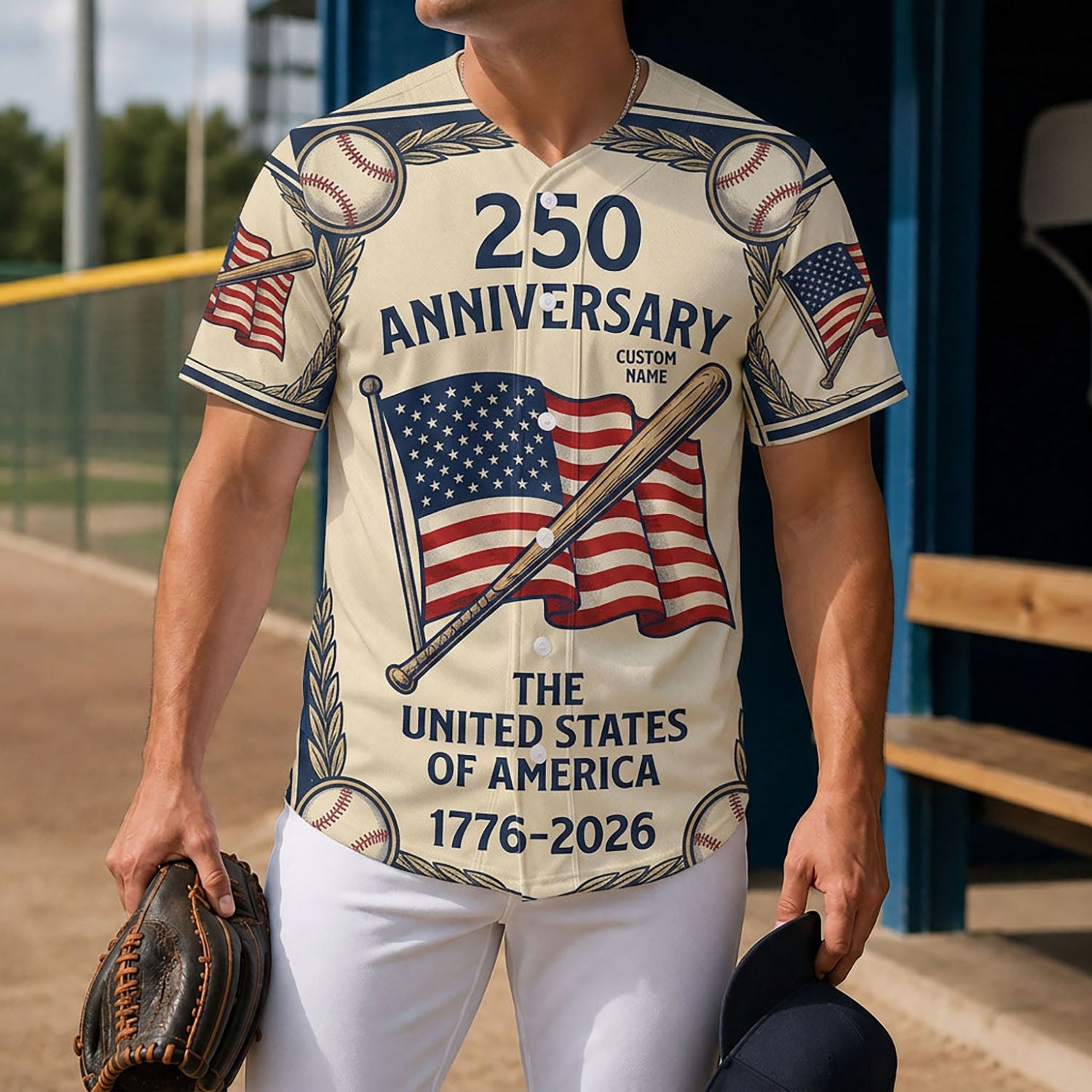 Lifestyle shot of a man wearing a USA 250th anniversary heritage jersey holding a baseball glove on a diamond field
