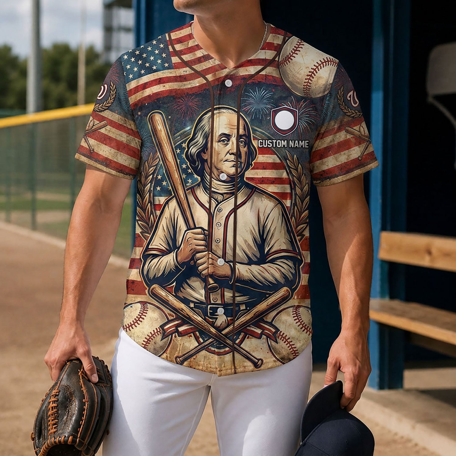 Lifestyle Shot Of A Man Wearing A 250th Anniversary Franklin Baseball Jersey Holding A Glove On A Baseball Diamond