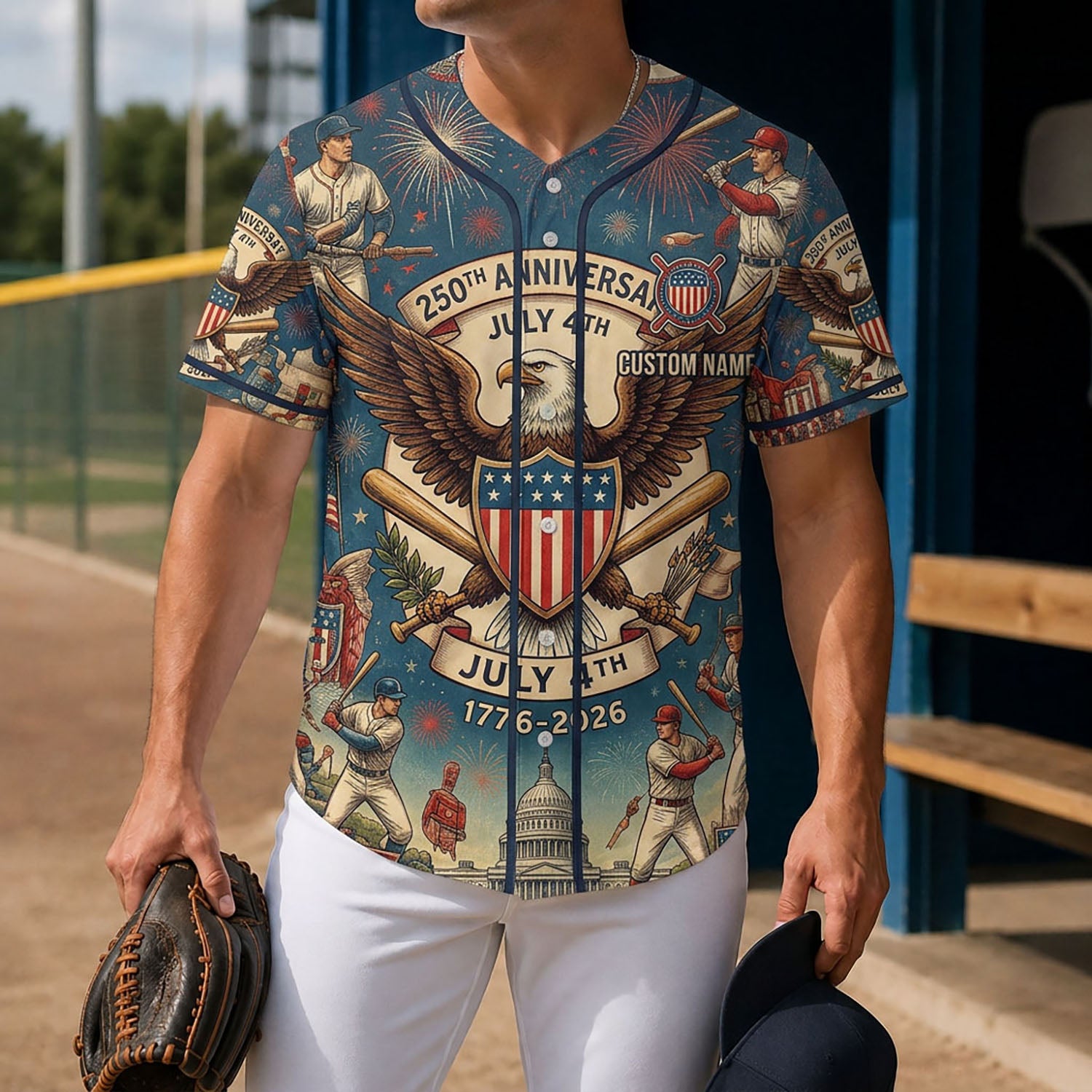 Lifestyle Shot Of A Man Wearing A July 4th 250th Anniversary Baseball Jersey Holding A Glove On A Baseball Diamond