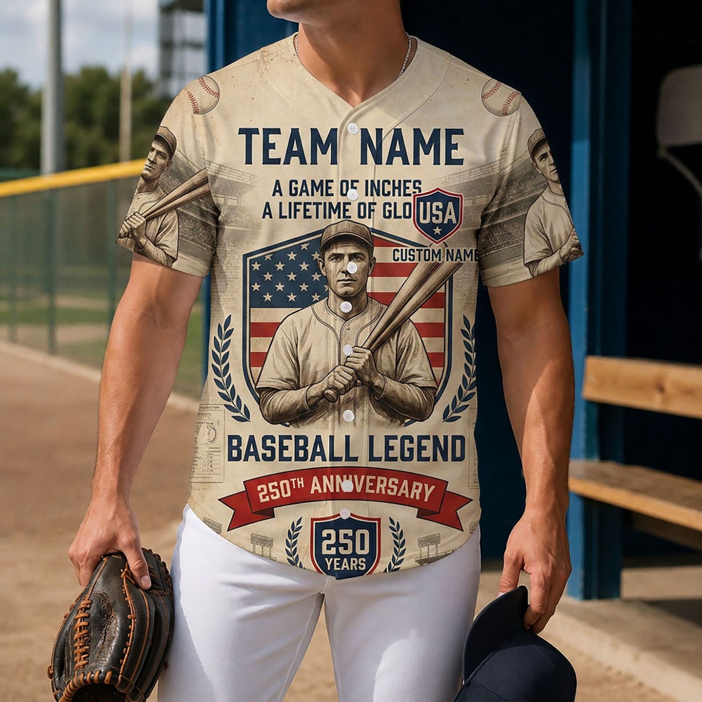 Lifestyle Shot Of A Man Wearing A Baseball Legend 250th Anniversary Jersey Holding A Glove On A Baseball Diamond