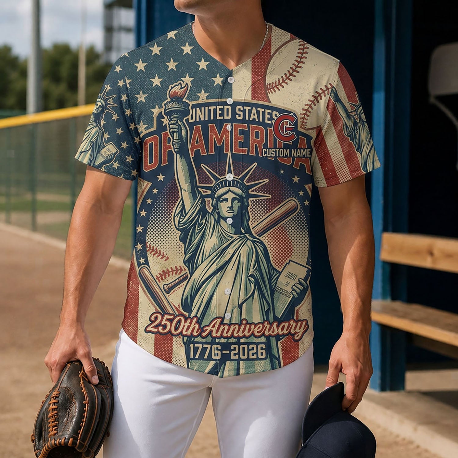 Lifestyle Shot Of A Man Wearing A 250th Anniversary Liberty Baseball Jersey Holding A Glove On A Baseball Diamond