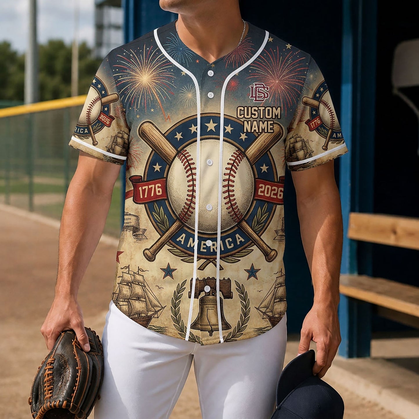 Lifestyle Shot Of A Man Wearing A 250th Anniversary Liberty Bell Baseball Jersey Holding A Glove On A Baseball Diamond