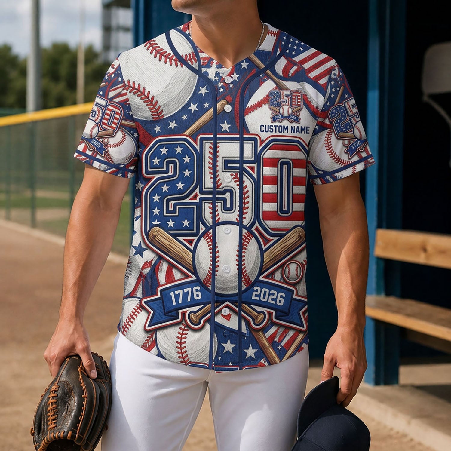 Lifestyle Shot Of A Man Wearing A Patriotic 250th Anniversary Baseball Jersey Holding A Glove On A Baseball Diamond