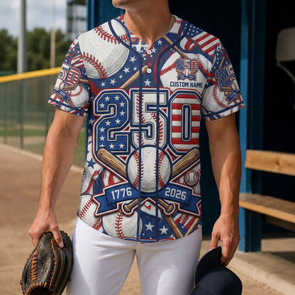 Lifestyle Shot Of A Man Wearing A Patriotic 250th Anniversary Baseball Jersey Holding A Glove On A Baseball Diamond