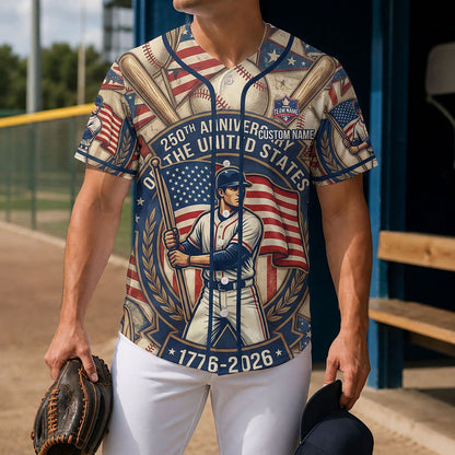 Lifestyle Shot Of A Man Wearing A Commemorative 250th Anniversary Baseball Jersey Holding A Glove On A Baseball Diamond