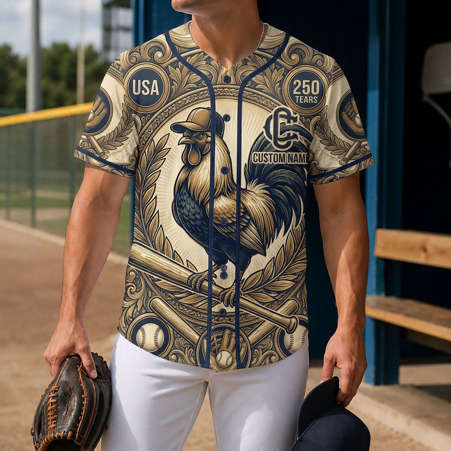 Lifestyle Shot Of A Man Wearing A 250th Anniversary Rooster Baseball Jersey Holding A Glove On A Baseball Diamond