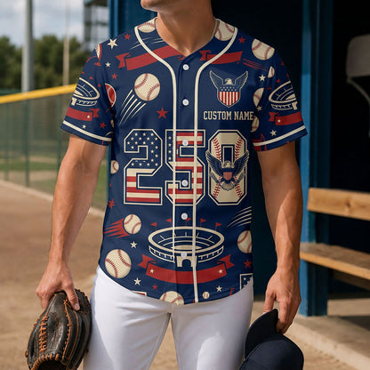 Lifestyle Shot Of A Man Wearing A Semiquincentennial 250th Anniversary Baseball Jersey Holding A Glove On A Baseball Diamond