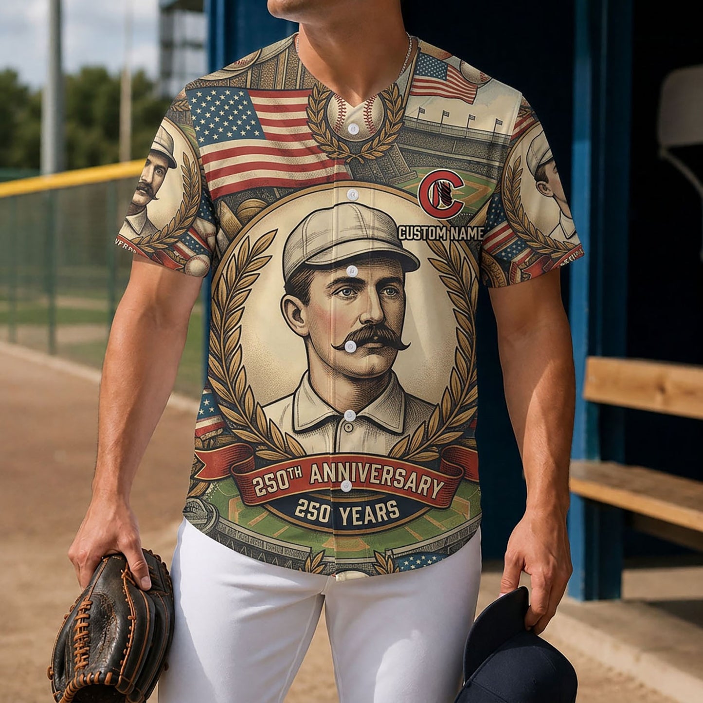 Lifestyle Shot Of A Man Wearing A 250th Anniversary Vintage Portrait Baseball Jersey Holding A Glove On A Baseball Diamond