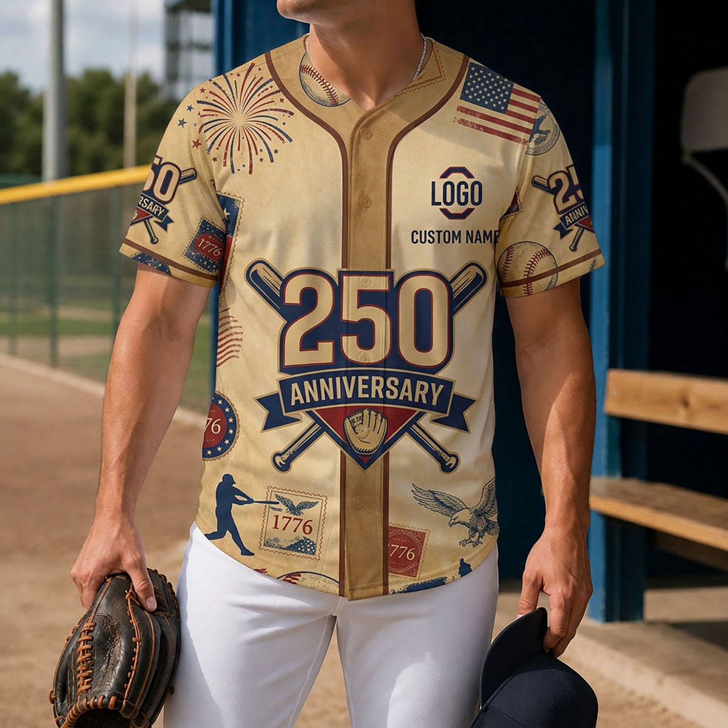 Lifestyle Shot Of A Man Wearing A 250th Anniversary Vintage Stamp Baseball Jersey Holding A Glove On A Baseball Diamond