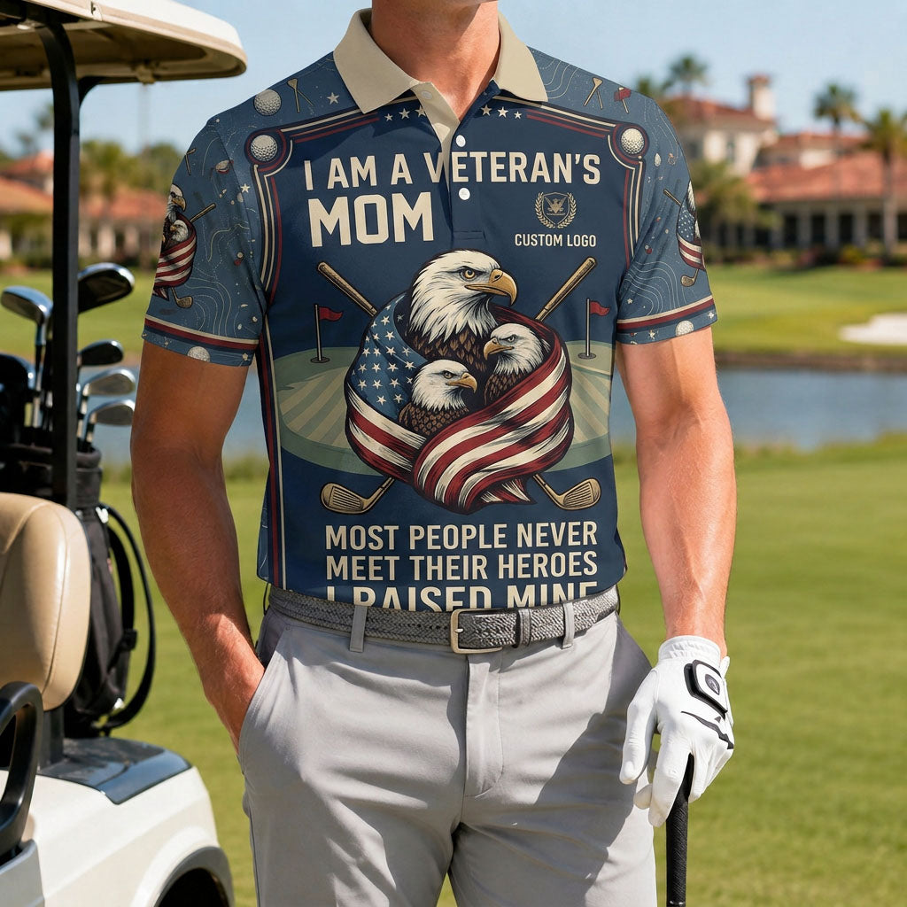 Proud mother wearing the Veteran's Mom tribute golf polo on the golf course