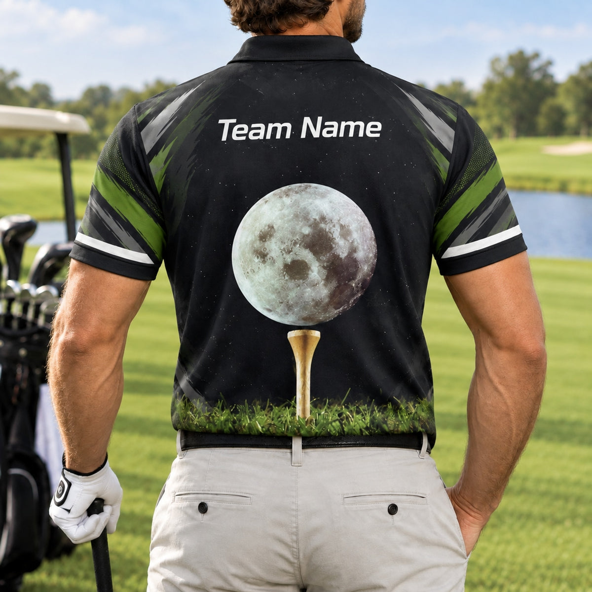 Moon Golf Ball on Tee Graphic Personalized Golf Polo Shirt Back View