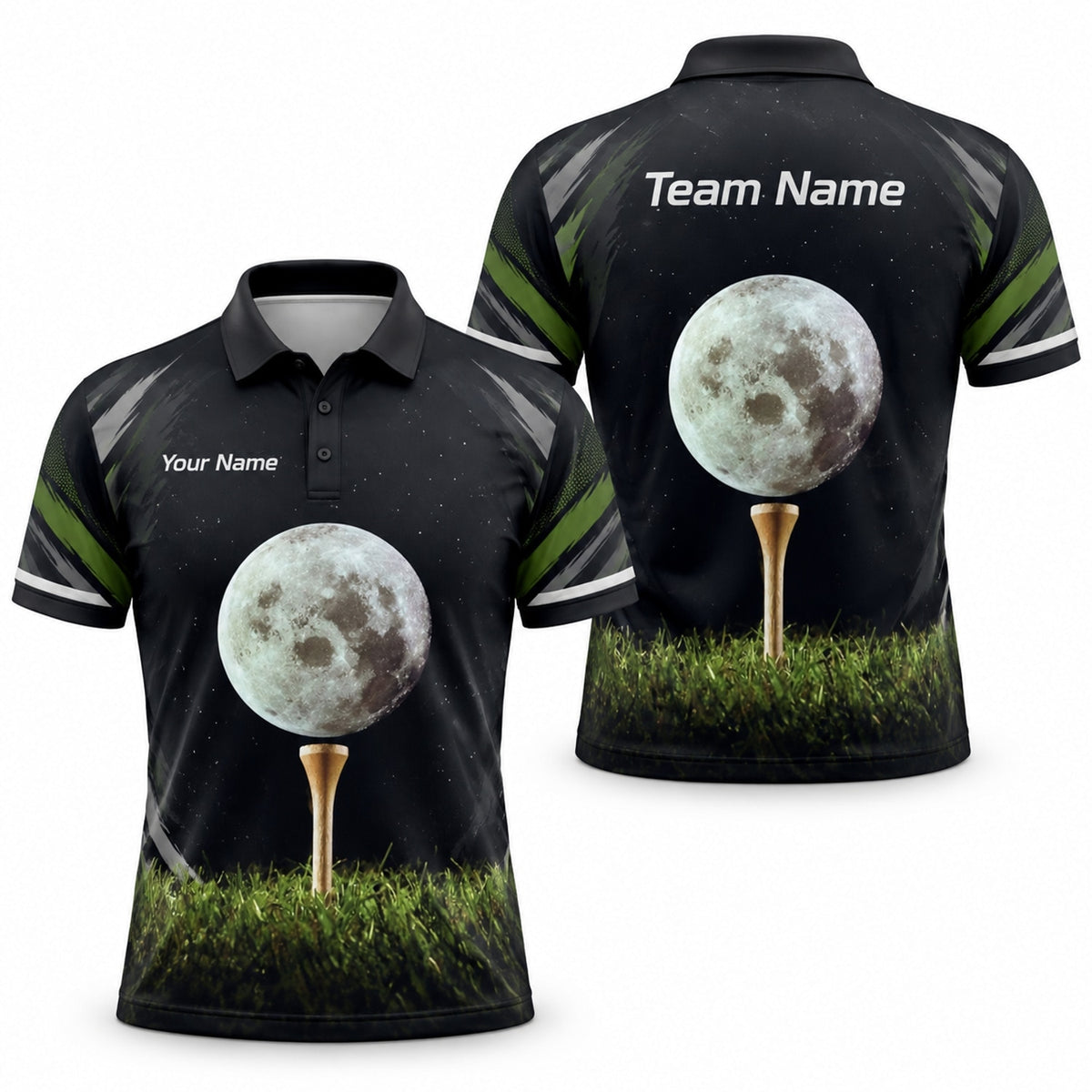 Moon Golf Ball on Tee Graphic Personalized Golf Polo Shirt