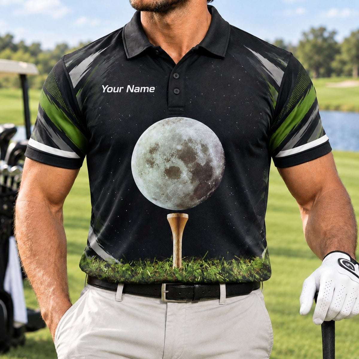 Moon Golf Ball on Tee Graphic Personalized Golf Polo Shirt Front View