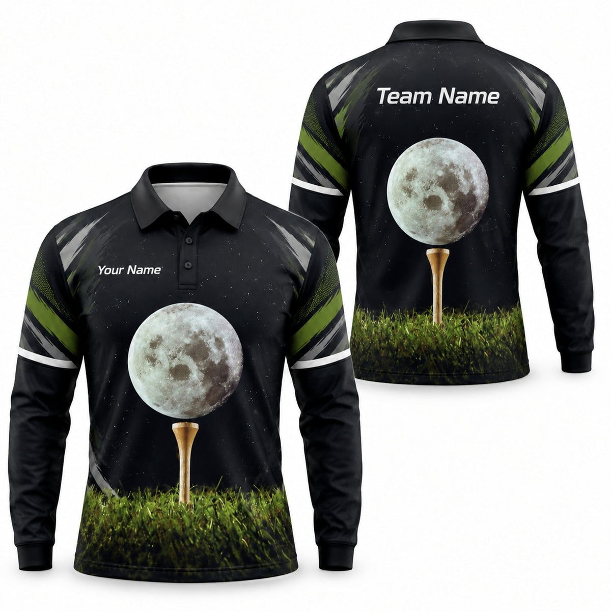 Moon Golf Ball on Tee Graphic Personalized Golf Polo Shirt Long Sleeve Polo