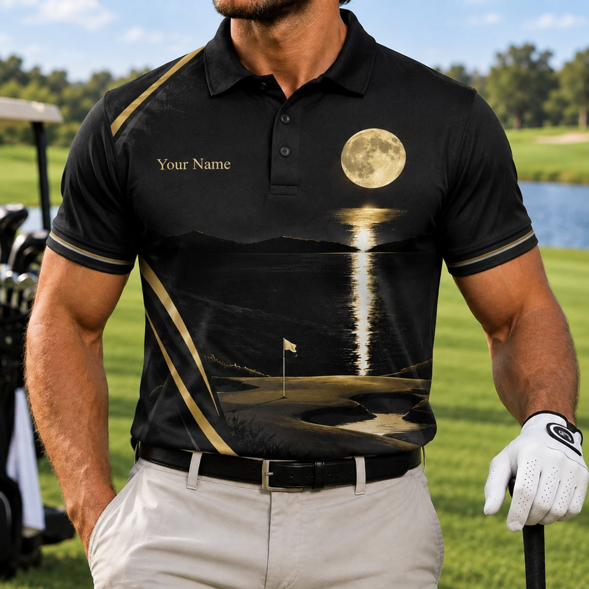 Moonlit Golf Course Modern Personalized Golf Polo Shirt Front View