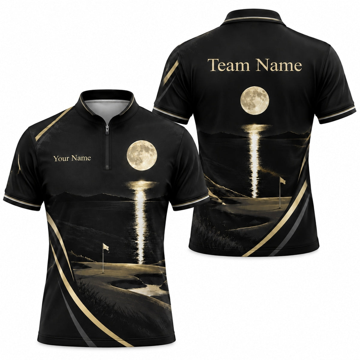 Moonlit Golf Course Modern Personalized Golf Polo Shirt Jersey Zip 1 4 Collar
