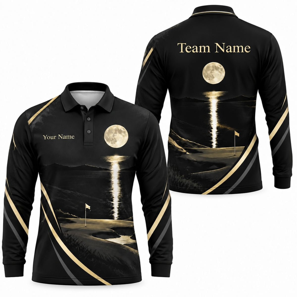 Moonlit Golf Course Modern Personalized Golf Polo Shirt Long Sleeve Polo
