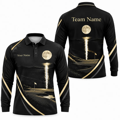 Moonlit Golf Course Modern Personalized Golf Polo Shirt Long Sleeve Polo
