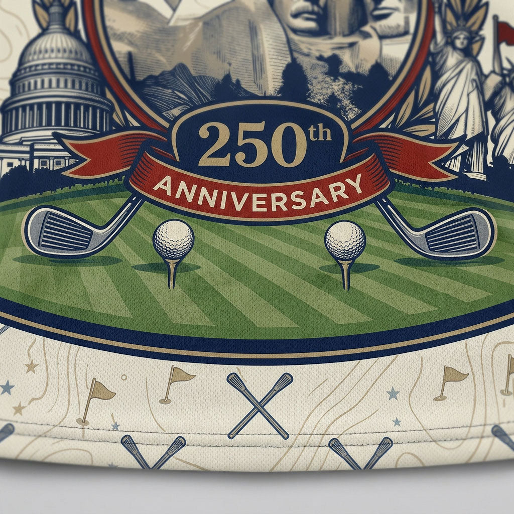 Detailed closeup of the Mount Rushmore monument embroidery on polo fabric