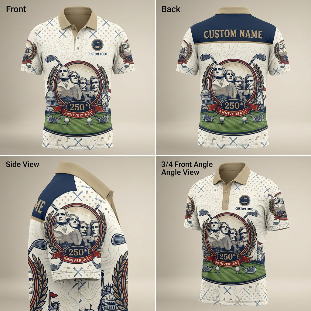 Multi-angle product display of the Mt. Rushmore designer golf polo for men