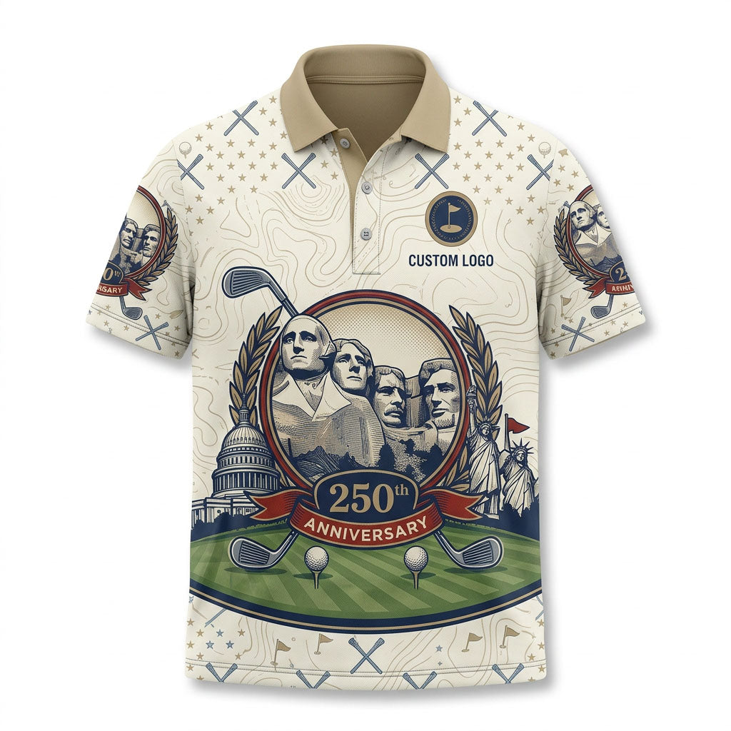 Premium flatlay layout of the commemorative Mt. Rushmore golf polo