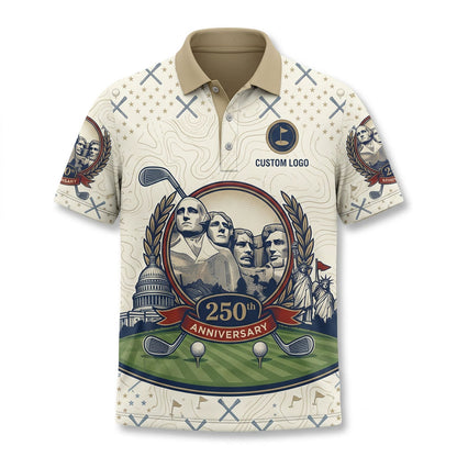 Premium flatlay layout of the commemorative Mt. Rushmore golf polo