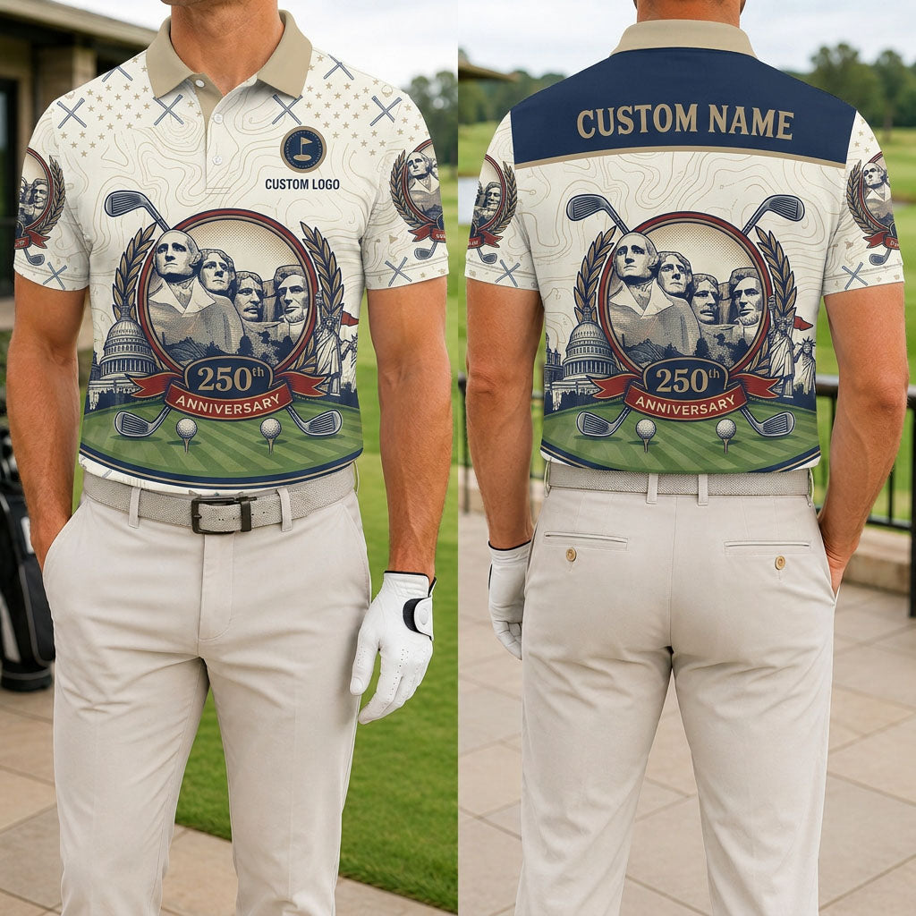Front and back view of the Mount Rushmore 250th anniversary custom golf polo