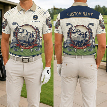 Front and back view of the Mount Rushmore 250th anniversary custom golf polo