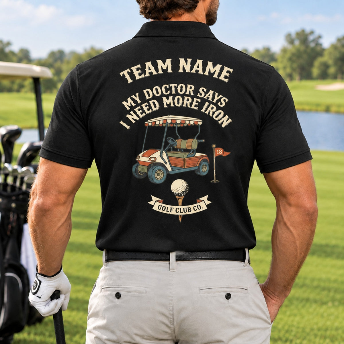 My Doctor Says I Need More Iron Golf Pun Personalized Golf Polo Shirt Back View