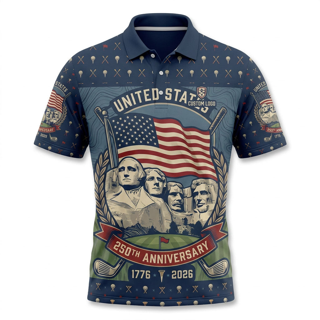 Flatlay view of navy blue United States 250th Anniversary polo