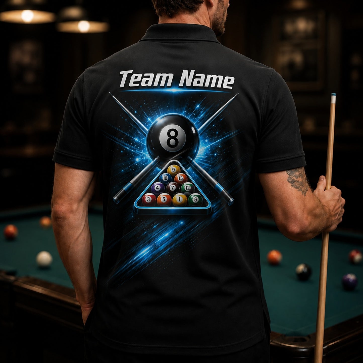Neon 8 Ball Triangle Sport Personalized Billiard Polo Shirt Back View