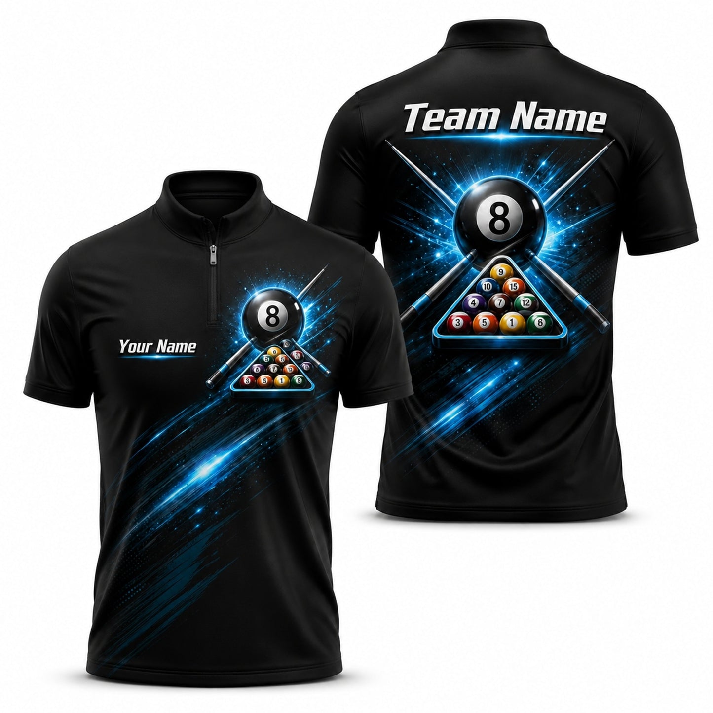 Neon 8 Ball Triangle Sport Personalized Billiard Polo Shirt Jersey Zip 1 4 Collar