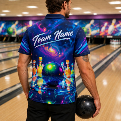 Neon Bowling Ball Galaxy Custom Bowling Polo Shirt Back View