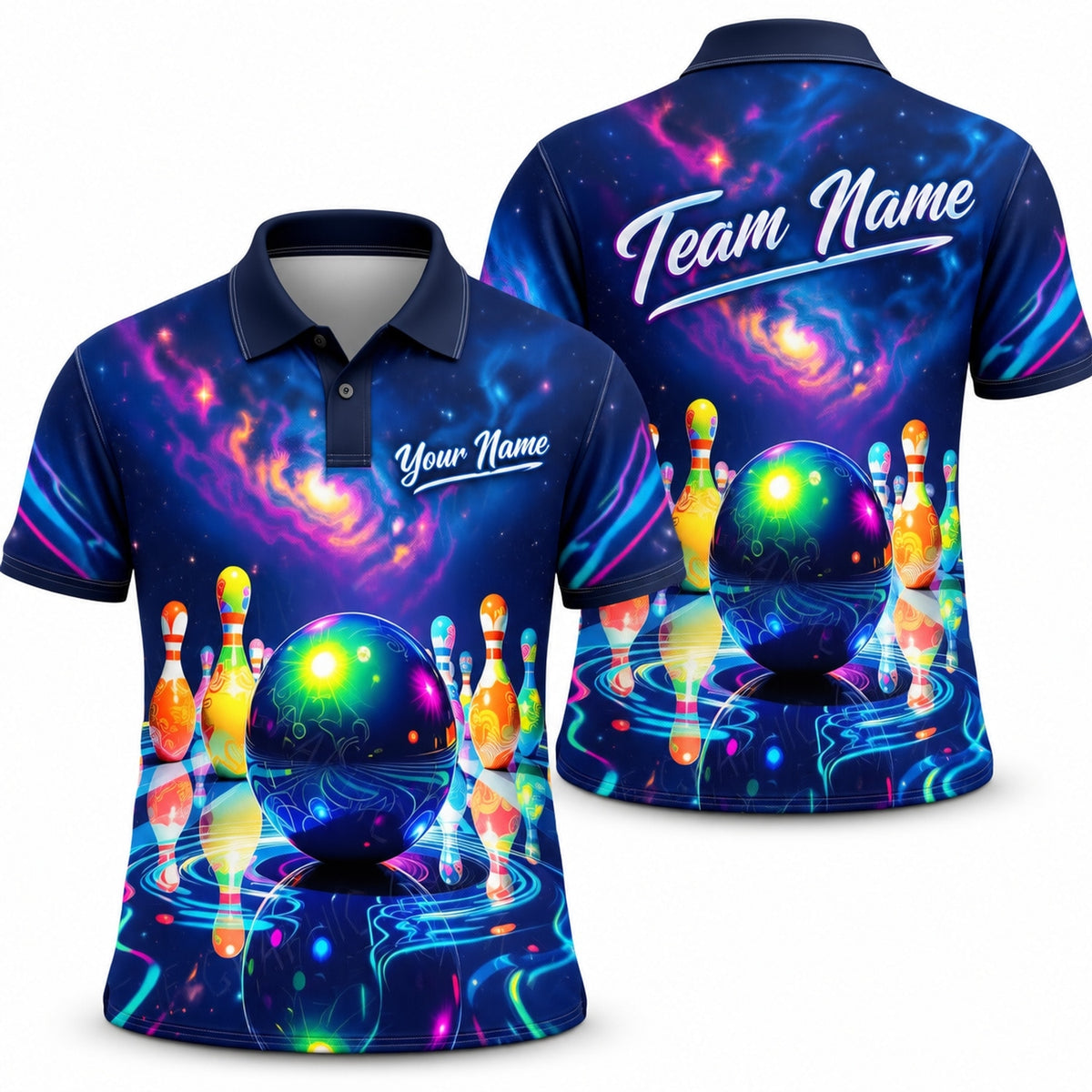 Neon Bowling Ball Galaxy Custom Bowling Polo Shirt