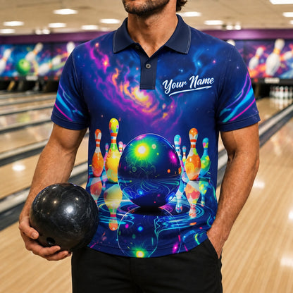 Neon Bowling Ball Galaxy Custom Bowling Polo Shirt Front View