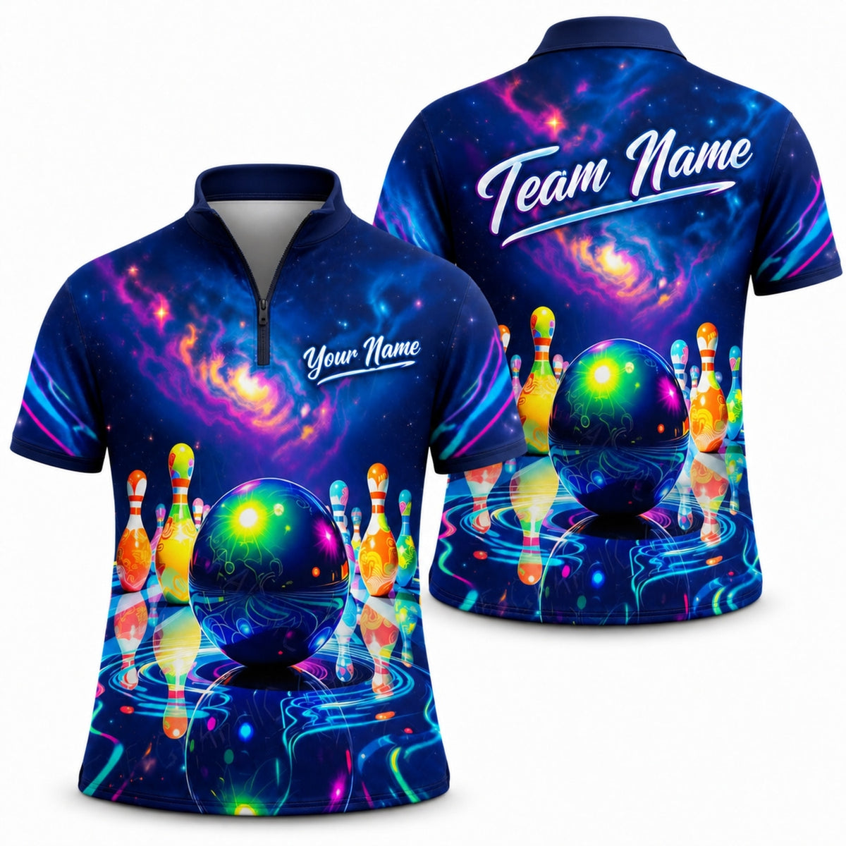 Neon Bowling Ball Galaxy Custom Bowling Polo Shirt Jersey Zip 1 4 Collar