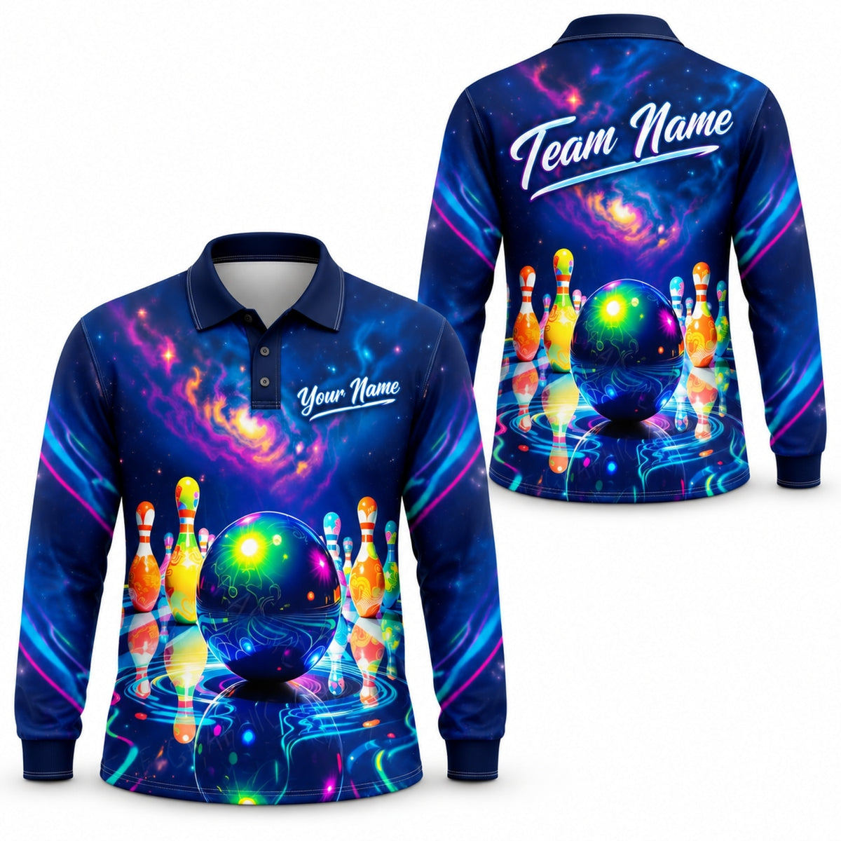 Neon Bowling Ball Galaxy Custom Bowling Polo Shirt Long Sleeve Polo